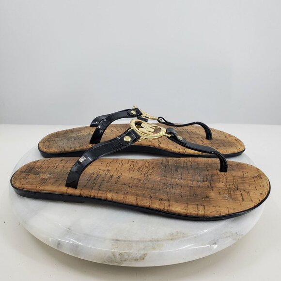 Michael Michael Kors Brown Black T Strap Gold Emblem Slip On Sandals Size 10 - Picture 2 of 8